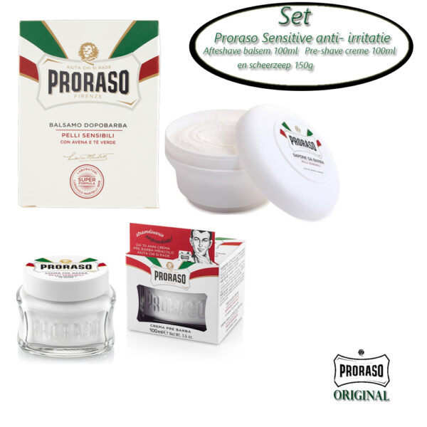Proraso white pakket- Aftershavebalsem anti- irritatie , Pre Shave Crème en scheerzeep 150g in een practisch tasje