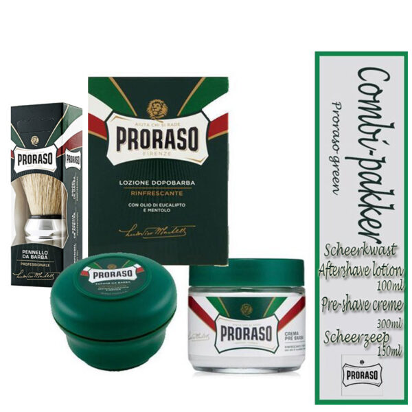 Proraso Green Pakket – Verfrissende Scheerset met Aftershave Lotion, Pre-Shave Crème, Scheerzeep & Scheerkwast